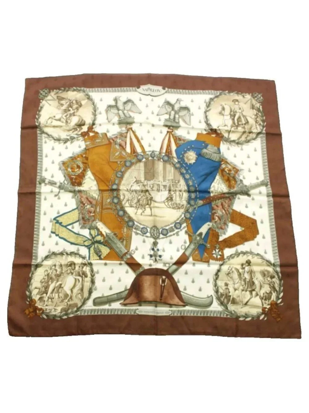 Hermes Carre 90 Napoleon Scarf Large All Over Print Brown White